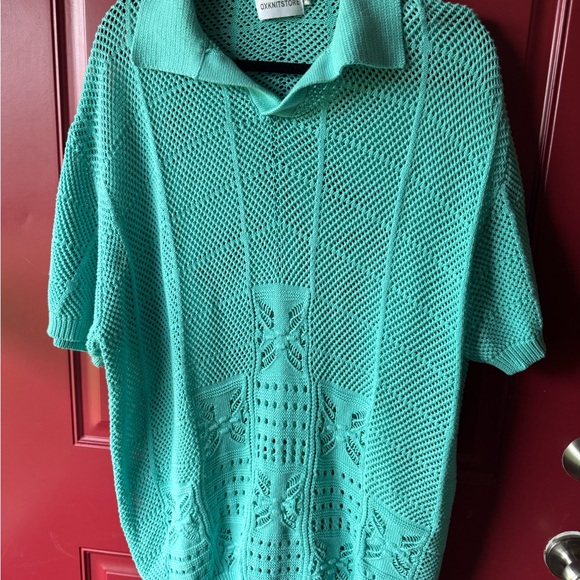 OXKnit Tops - OXKNITSTORE Women's Teal Short Sleeve Knit Polo Tee